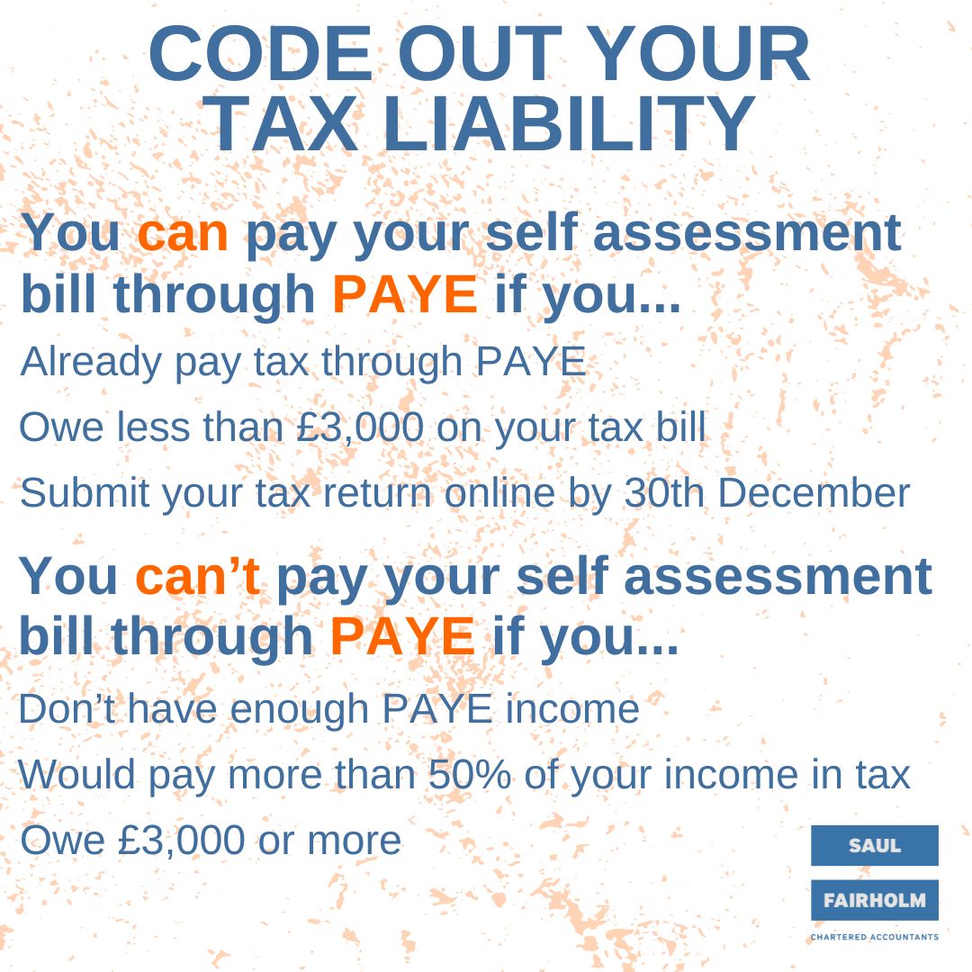 Deadline Alert - 30th December!

Want to pay your self-assessment tax liability via your pay packet instead of by 31st Jan 2024?

A number of conditions need to be met so please call to speak to one of our advisers for detailed info.  📄💷