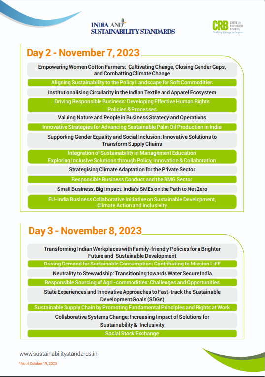 📣 Important Update: Just Over 2 Weeks to Go!

Get ready for India’s Premier Sustainability Conference and Dialogue Platform, Centre for Responsible Business's Annual Sustainability/Sustainable Business Conference - India and Sustainability Standards!

📅 November 6 – 8, 2023 at