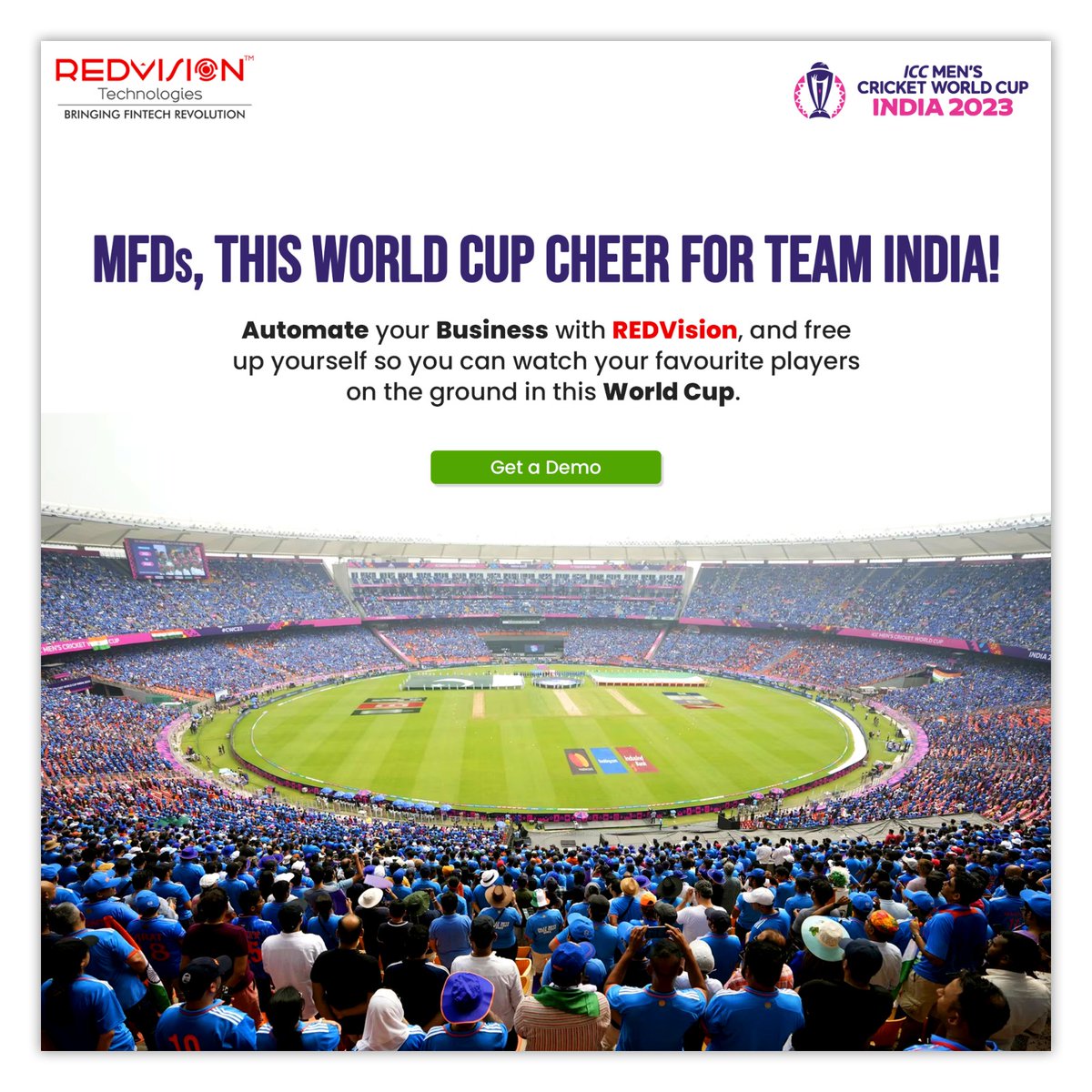 redvisionindore's tweet image. MFDs, Watch your favorite players in action during the ICC Men's Cricket World Cup! Automate your business with REDVision and free up your time to cheer for Team India in this thrilling tournament. Get a demo today! 

#CricketWorldCup2023 #REDVision #FinTech #ICC #MFDs