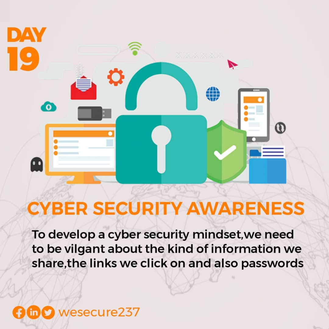 wesecure237's tweet photo. CYBERSECURITY AWARENESS CAMPAIGN 
DAY 19 

Cybersecurity is for everyone 
if you connect it protect it https://t.co/ZC1n9trvkQ
