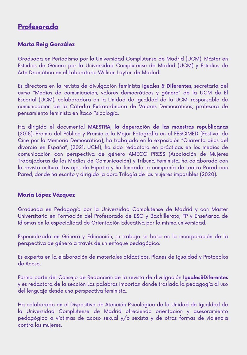 UCMigualdad's tweet photo. 🟣 Nuevo curso de formación: “Igualdad: de la teoría a la práctica política” 

🗓️Del 8 al 30 de noviembre 

🕒 De 16.00 a 19.00 

✨Reconocimiento de 1,5 créditos ECTS 

📨Inscripciones en: inscrip.igualdad@ucm.es https://t.co/ZkPaU6LZ4K