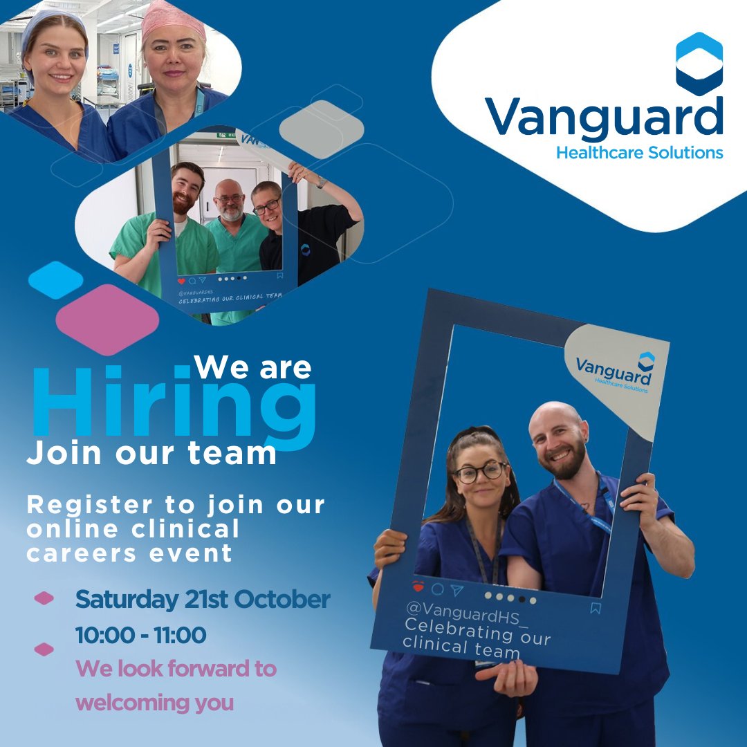 Heart set on a new clinical career? 💙 Vanguard Healthcare Solutions can take you in all sorts of great directions. Join our online event this Sat 21 Oct 10-11am! Find out more and sign up to attend here: vanguardhealthcare.co.uk/events/ #hiring #careers