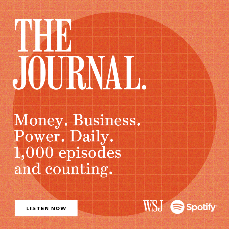 WSJ's tweet photo. After four years of daily deep dives into the business world’s most important stories, our 1,000th episode is here. Tune in for the best stories about money, business and power.