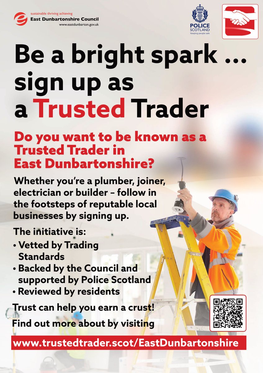 📷 Are you in the Trade Industry ?
Do you want to be known as a Trusted Trader in East Dunbartonshire?
Being a member of the Trusted Trader Scheme is a good way of showing potential customers that you are a reputable and reliable business.

eastdunbarton.gov.uk/.../trusted-tr…
<a href="/EDCouncil/">East Dun Council</a>