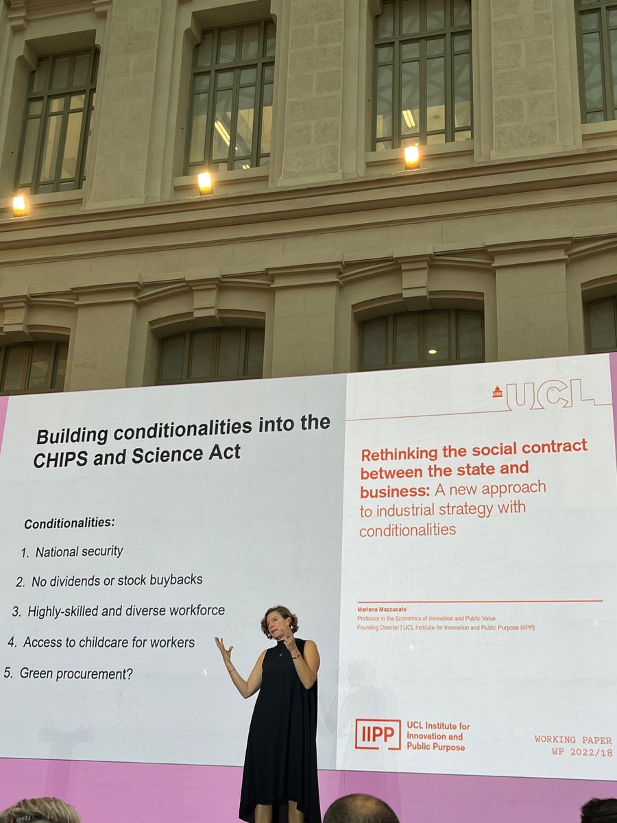 “Building conditionalities into the CHIPS and Science Act” @MazzucatoM offers examples of bold conditionalities when public investment is involved! Very relevant for discussions in Brussels on #strategicautonomy & the future of EU #industrial policy @Mutualidad_es congress