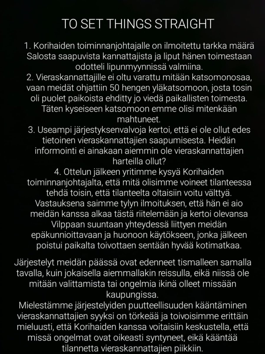 Eilinen ottelu on herättänyt ilmeisen paljon keskustelua, mutta tämän jälkeen asia on puolestamme loppuunkäsitelty täällä somessa. 

Toivottavasti ensi kerralla paremmin <a href="/Korihait/">Korihait</a> ja mieluusti nähdään Uki fanit myös Salossa🤝🏼❤️ #korisliiga