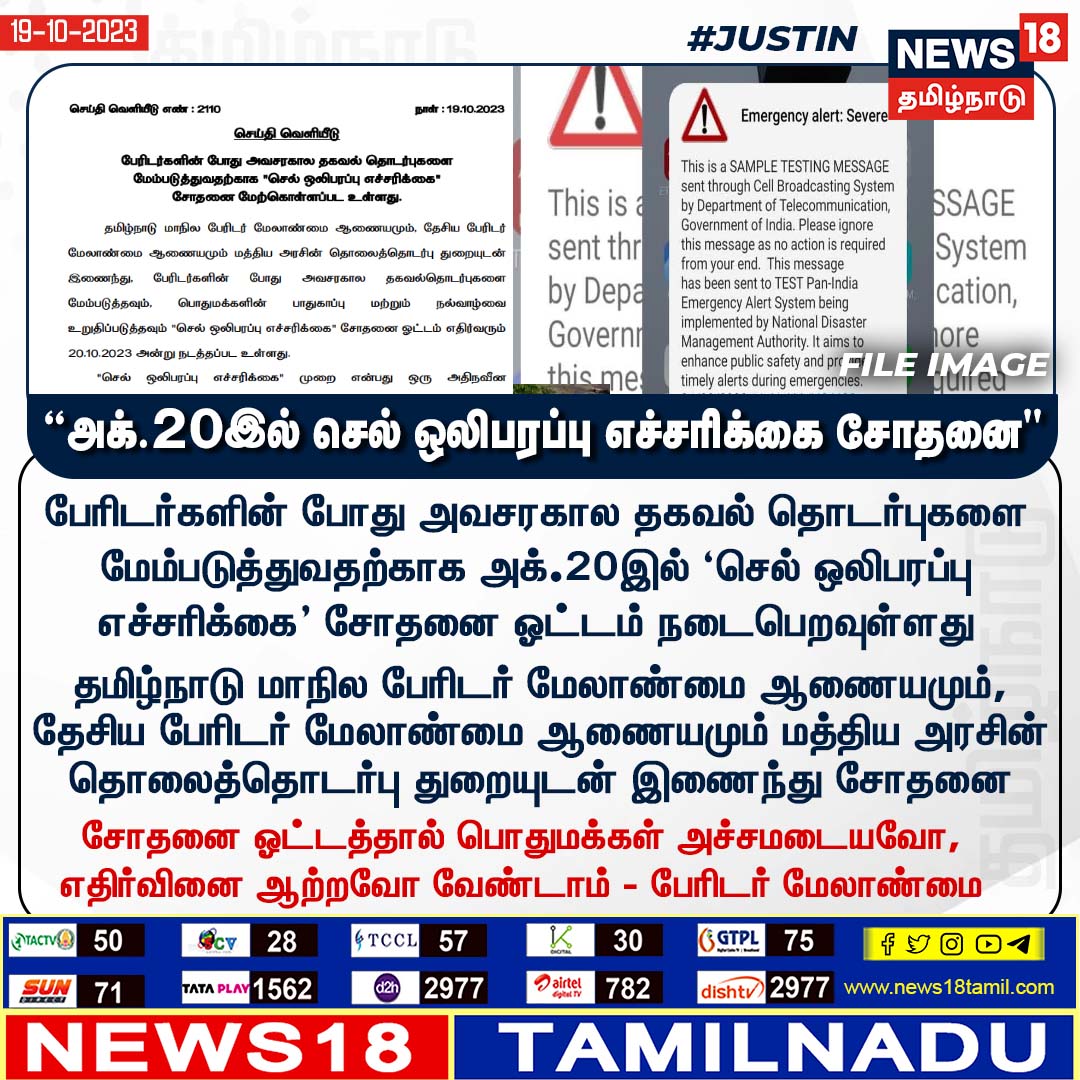 News18TamilNadu's tweet image. #JUSTIN “அக்.20இல் செல் ஒலிபரப்பு எச்சரிக்கை சோதனை&quot;

#AlertMessage #TamilNadu #news18tamilnadu | news18tamil.com