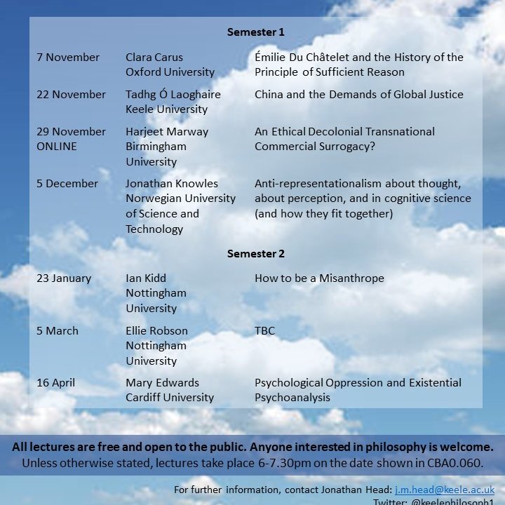 Keele Philosophy (@keelephilosoph1) on Twitter photo We're very happy to announce that our <a href="/RIPhilo/">The Royal Institute of Philosophy</a> Lecture Series will be starting on 7th November with Clara Carus talking about the Principle of Sufficient Reason. What more reason do you need to attend?
6pm CBA0.060 Everyone welcome.
Full 2023-24 programme is below. #Philosophy We're very happy to announce that our <a href="/RIPhilo/">The Royal Institute of Philosophy</a> Lecture Series will be starting on 7th November with Clara Carus talking about the Principle of Sufficient Reason. What more reason do you need to attend?
6pm CBA0.060 Everyone welcome.
Full 2023-24 programme is below. #Philosophy