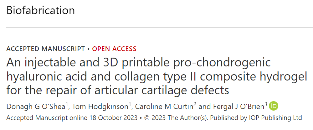 300 papers! 🥳Congrats to @DonaghGOShea and all involved on the paper 'An injectable and 3D printable pro-chondrogenic hyaluronic acid and collagen type II composite hydrogel for the repair of articular cartilage defects' published online now! This marks 300 papers for @fjobrien
