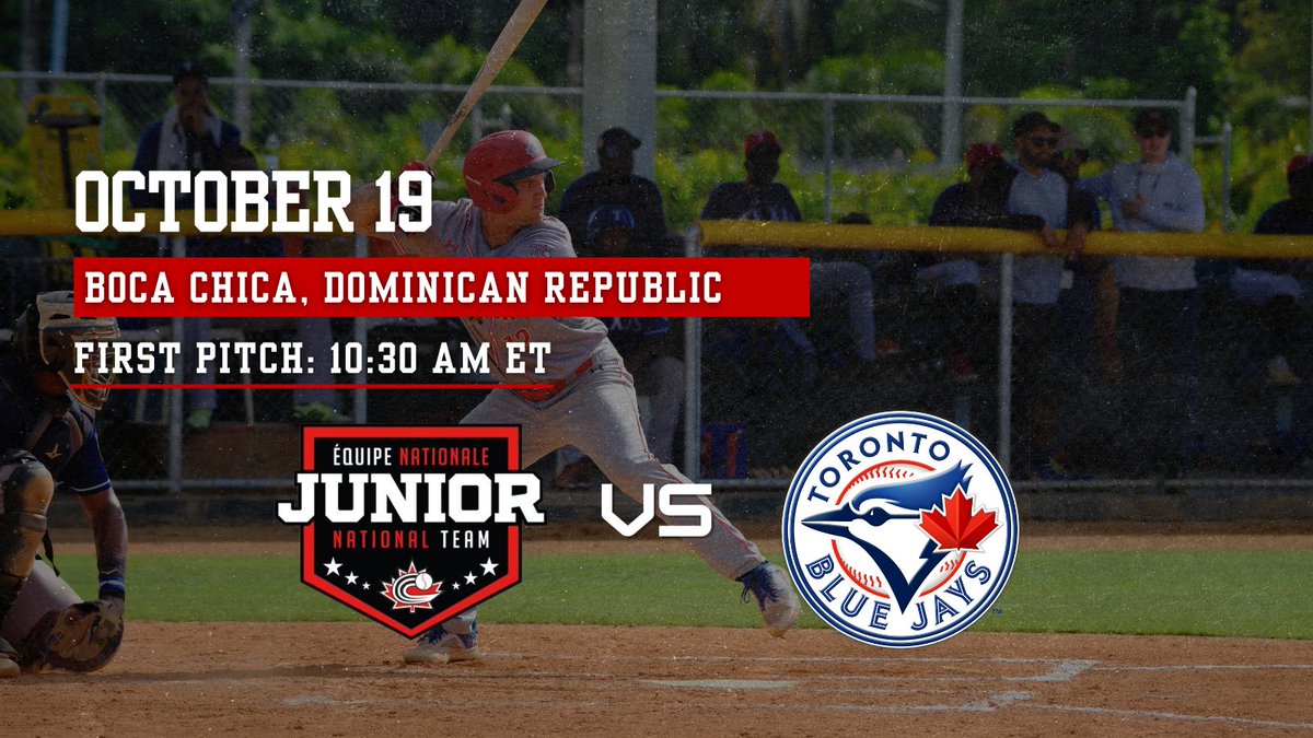 GAMEDAY!⚾️🇨🇦

🆚 Toronto Blue Jays DR
⏰ 10:30 AM ET
🏟️ Toronto Blue Jays DR Complex
📍 Boca Chica, Dominican Republic
📊 bit.ly/3LZ0YKQ

#BaseballCanada | #JNTDR🇩🇴