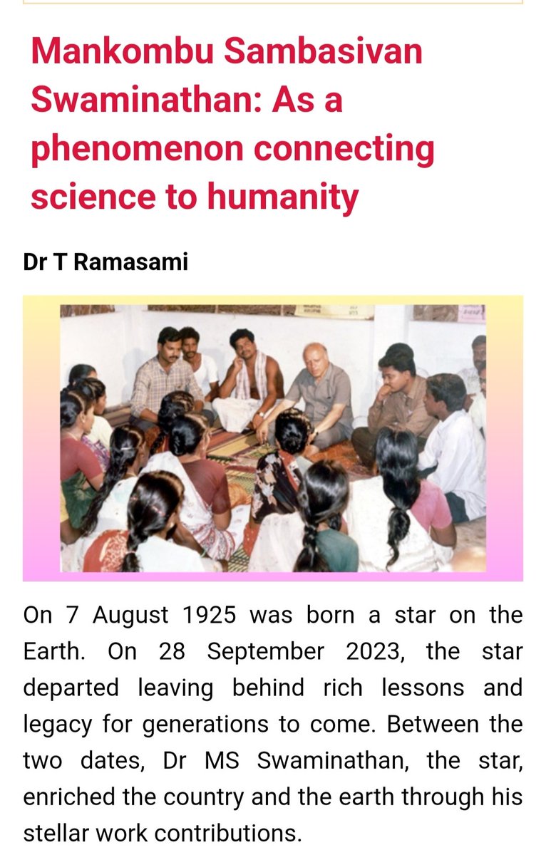 'Prof. Swaminathan was a revolutionist, conservationist, advocate, statesman and humanist, all rolled into one,' says Dr T. Ramasami, in his tributes to be published in the November issue of @ScienceReporte1. sciencereporter.niscpr.res.in/home/article/1… @CSIR_NIScPR @doctorsoumya @CSIR_IND
