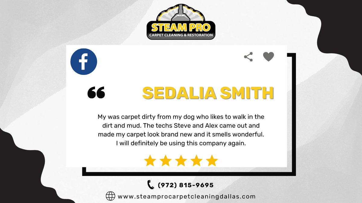SteamProDallas's tweet image. Dear Sedalia Smith,

☺️Thanks so much for your positive feedback and good vibes. It's always a #pleasure seeing you.

#review #feedback #customerexperience #thankyou
#customerfeedback #satisfaction #Ourworkreview #steamprocarpetcleaningdallas