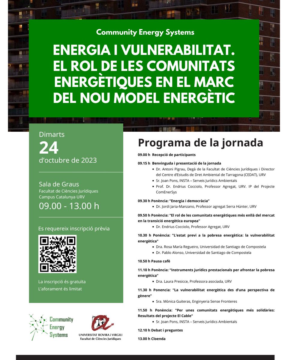 CEDATURV's tweet photo. 🔋 Quin rol tenen les comunitats energètiques davant situacions de vulnerabilitat i pobresa energètica? No us perdeu la jornada de #ComEnerSys sobre Energia i Vulnerabilitat de dimarts vinent. Comptarem amb la presència de diversos experts en la matèria.
📝 Inscripció requerida https://t.co/QFzD72rIIk