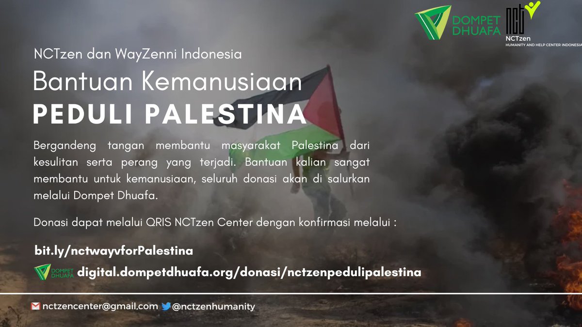 [Bantuan Kemanusiaan Peduli Palestina]

Hingga 18 Oktober 2023 setidaknya 3.478 warga Palestina tewas dan 12.065 luka-luka dalam serangan udara  di Gaza. Ratusan ribu warga mengungsi ke tempat yang lebih aman. 

Donasi melalui :
bit.ly/nctwayvforPale…
digital.dompetdhuafa.org/donasi/nctzenp…