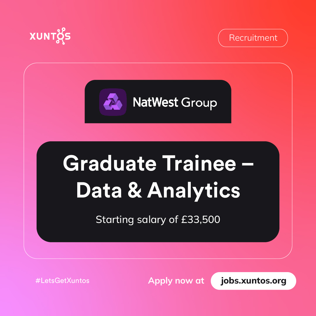 xuntos_'s tweet image. 🚨Job Alert

@NatWestGroup is hiring a Graduate Trainee Data Analyst.

🧠To have, or be on course to achieving a 2:1 in your degree

💰Starting salary of £33,500

#TechIsHiring #JobsInTech #jobs #opportunities #technology #DataAnalytics #GraduateSchemes #ComputerScienceStudents