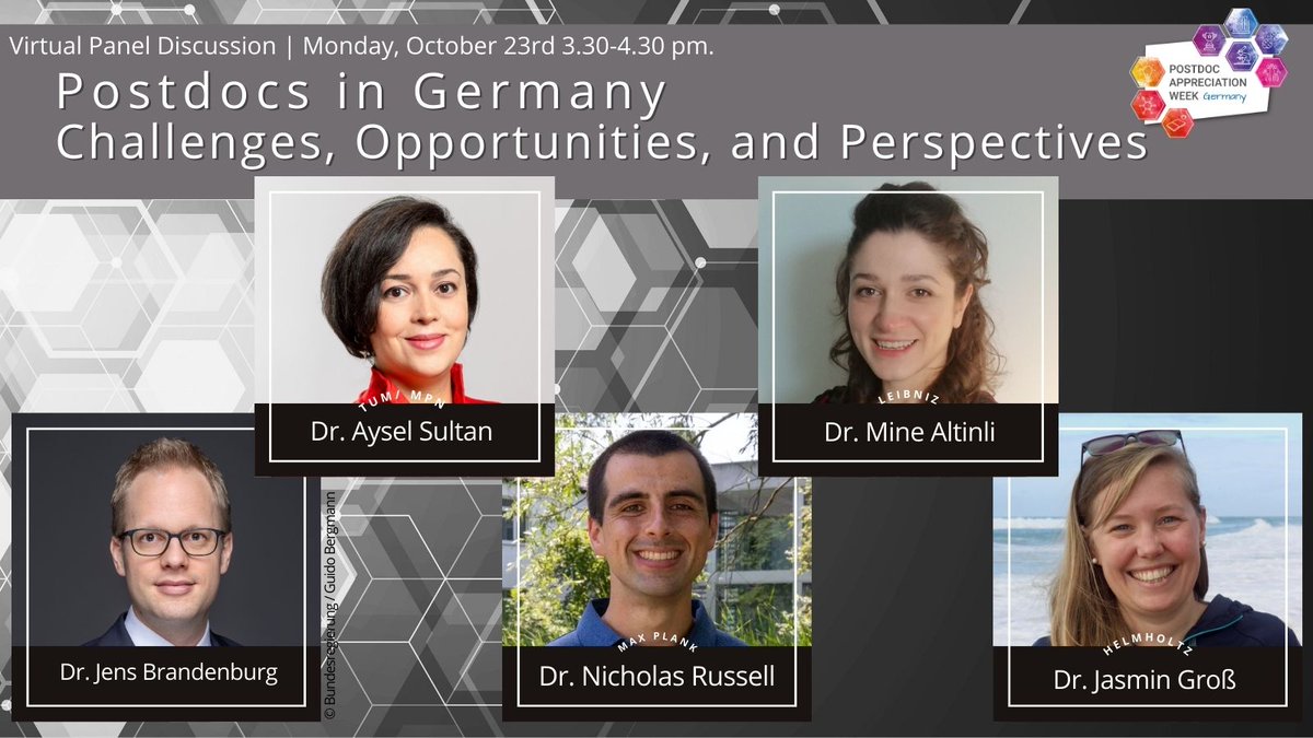 Have you already registered for the panel discussion 'Postdocs in Germany' with representatives of German Postdoc Networks & @JBrandenburgFDP? Join @DrAyselSultan, @NickRussell31, @mine_altinli & @jasmin4689 on Monday Oct. 23rd at 3.30 pm.! ▶️Register via paw-germany.de/event/postdocs…