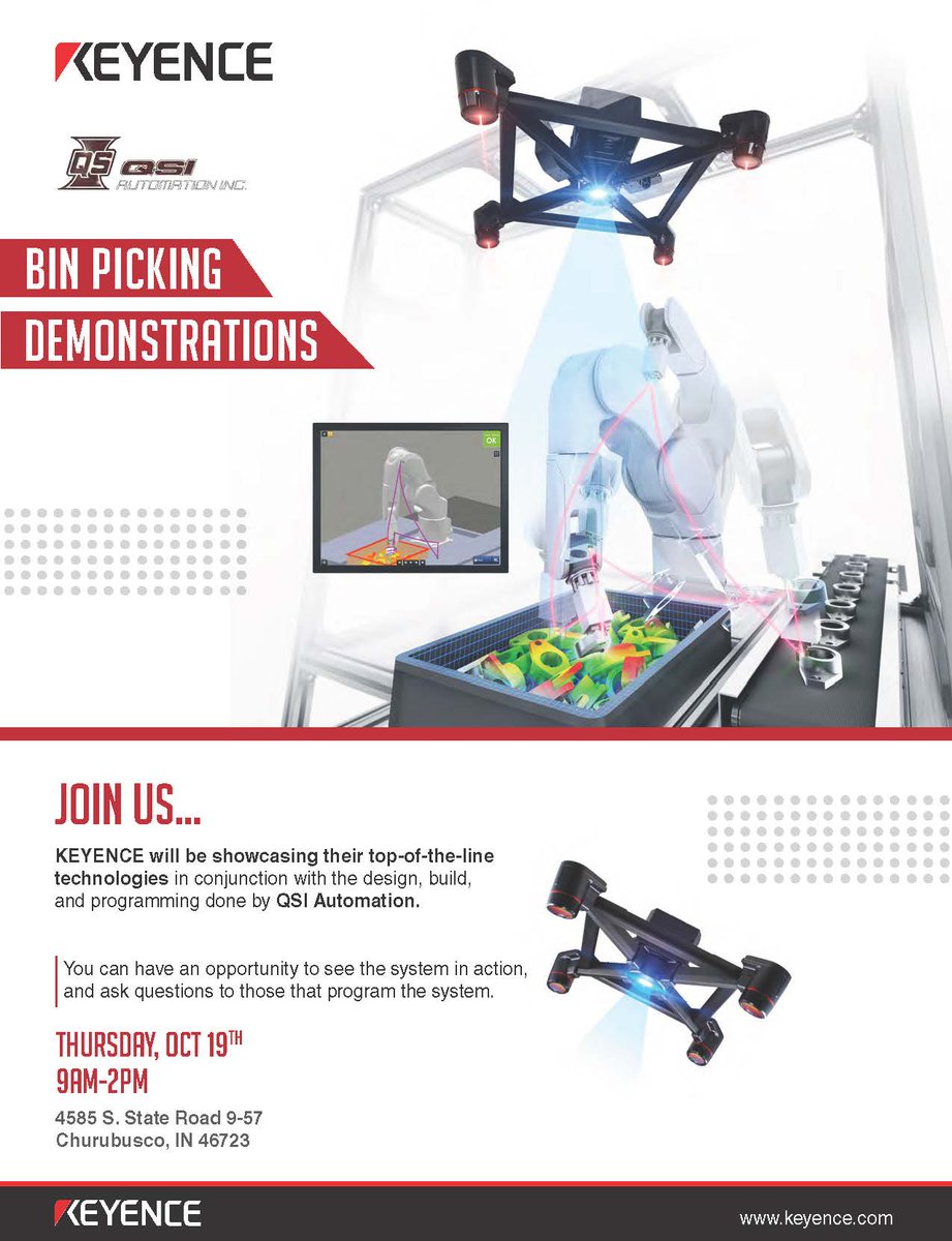 qsiautomation's tweet photo. Today is the day to stop by QSI for our bin picking demonstrations!  Keyence will be showcasing their top-of-the-line technologies in conjunction with the design, build, and programming done by our team here at QSI Automation Inc.  Check it out! 9a-2p https://t.co/bxuwi4eu1t