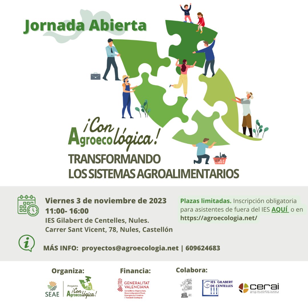 🫴  JORNADA ABIERTA: Transformando los Sistemas Agroalimentarios
📍IES Gilabert de Centelles, Nules (#Castellón) (<a href="/iesnules/">IES Gilabert de Centelles</a>) 
📅 Viernes 3 de noviembre
¡Con la colaboración de <a href="/ONGD_CERAI/">ONGD CERAI</a>! 
¡PLAZAS LIMITADAS! Por eso requiere inscripción ⤵️
agroecologia.net/que-hacemos/ag…
