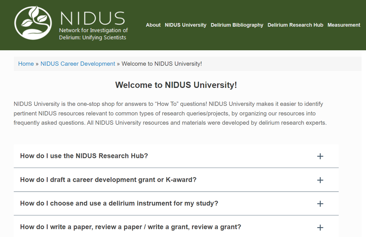 Researchers, do you need #delirium resources? Wondering where to start? Explore the new NIDUS University page! deliriumnetwork.org/career-develop… #delirium @NIDUS_Delirium @sharon_inouye @devlinpharmd @DrDaleNeedham @rnjma @BusbyWhitehead @agilis @ADAuerbachMD @ElderLifeProg @H_SeniorLife