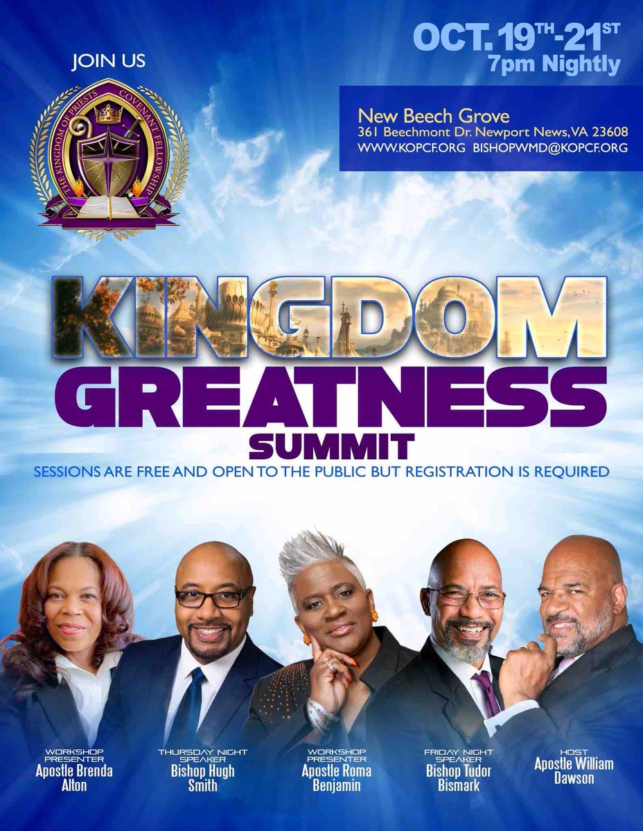 Join Bishop Tudor Bismark as he ministers at “KINGDOM GREATNESS SUMMIT” hosted by Apostle William Dawson from the 19th - 21st October 2023 at 7PM Nightly. Sessions are FREE and open to the public, however registration is required. To register, go to kopcf.org