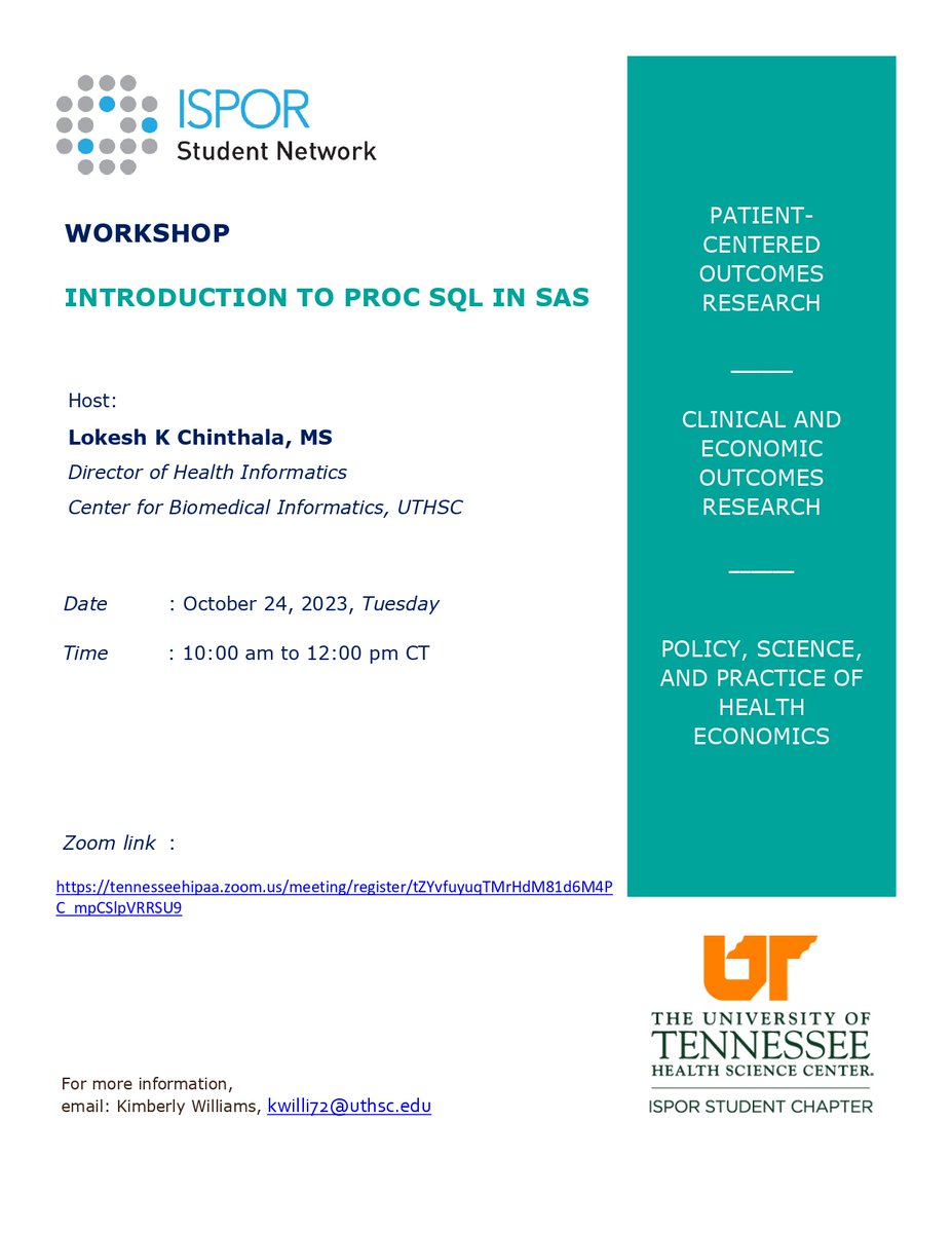 UMB_ISPOR's tweet photo. We are invited as special guests to participate in the SAS workshop held by the University of Tennessee ISPOR student chapter! Register and save the date on October 24 (Tues) 11 a.m. to 13 p.m. (EDT)! More info below https://t.co/eD9Q0NvNb1
