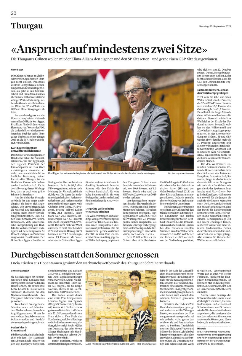 Kurt Egger stimmt am umweltfreundlichsten ab
Das Ziel der Grünen liegt auf der Hand: «Der Erhalt des Nationalratssitzes».
«Der Thurgau ist ein ländlicher Kanton mit bedeutender Landwirtschaft. Es ist deshalb von grösster Wichtigkeit, dass er auch eine grüne Stimme in Bern hat.»