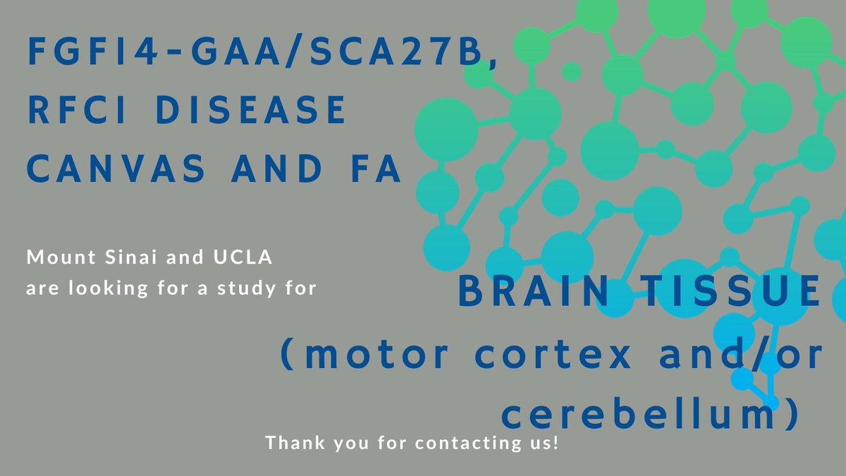 Ataxia Global Initiative (@ataxia_global) on Twitter photo Mount Sinai Hospital <a href="/AkbarianLab/">AkbarianLab</a> and UCLA <a href="/GeschwindLab/">Geschwind Lab @ UCLA</a> are seeking postmortem brain tissue from patients with FGF14-GAA / SCA27B, RFC1 disease / CANVAS and FA (motor cortex and/or cerebellum).
Contact: sathiji@gmail.com
Thank you! Mount Sinai Hospital <a href="/AkbarianLab/">AkbarianLab</a> and UCLA <a href="/GeschwindLab/">Geschwind Lab @ UCLA</a> are seeking postmortem brain tissue from patients with FGF14-GAA / SCA27B, RFC1 disease / CANVAS and FA (motor cortex and/or cerebellum).
Contact: sathiji@gmail.com
Thank you!