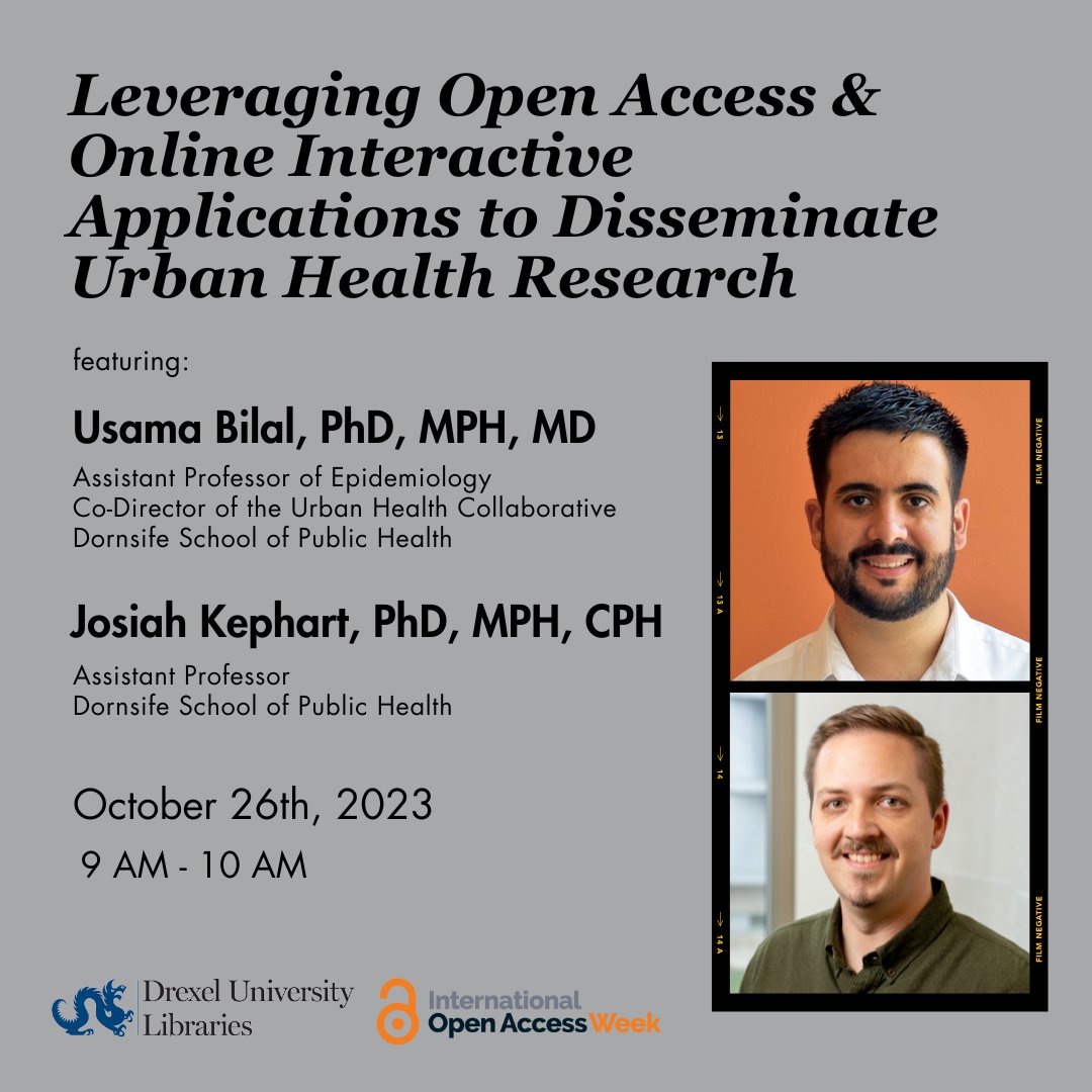 We can't wait for #OAWeek! On Oct. 26 <a href="/drexelpubhealth/">Dornsife School of Public Health at Drexel Univ.</a> Professors Bilal &amp; Kephart will talk about how #OA publishing has helped them share the results of their research on health disparities in South America - get the details &amp; RSVP: ow.ly/VVjq50PXRqg