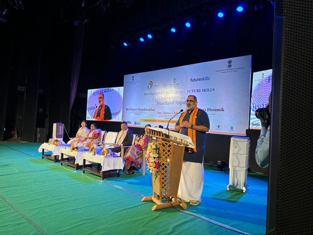 RajeevRC_X's tweet photo. Tripura’s Youth will become magnet for Investments. Soon Tripura will witness MNCs, Big Indian Cos & Startups setting up their base!

Within just few months of announcing future-ready skills with industry backed job opportunities in #Tripura, I was happy to inaugurate Project 'Heartland Tripura' today in #Agartala.

I thank @DeloitteIndia for having confidence in the youth of Tripura and for partnering with @GoI_MeitY @MSDESkillIndia & Govt of Tripura for this initiative.

PM @narendramodi ji’s multi-year vision & work over the years has revolutionized physical & Digital Infrastructure in the North East Region.

Partnerships like this will create a talent pool in #NER that can tap into the unprecedented opportunities offered by India’s growing economy.

— Addressed the inauguration of Project 'Heartland Tripura' in Agartala today.

#NayaBharat #NayeAvsar #RCinTripura