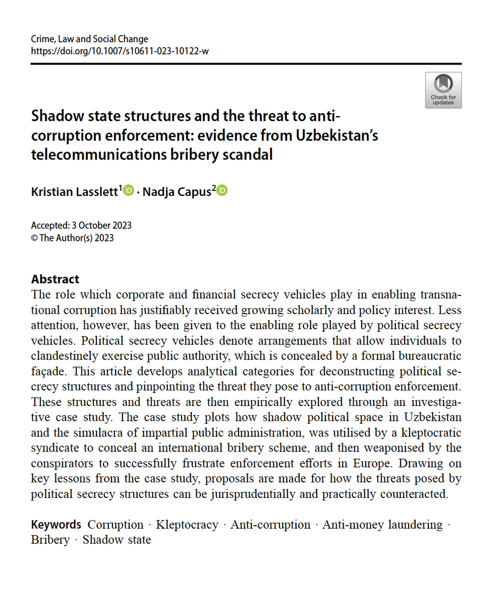 New open-access article with @NCapus on political secrecy structures & kleptocracy. Like corporate secrecy, 'shell' state structures allow kleptocrats to hide behind proxies and conceal illicit transactions in bureaucratic camouflage 🧵 link.springer.com/article/10.100…