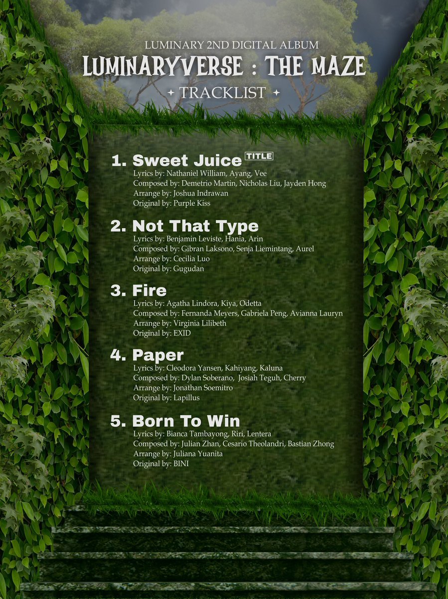 ㅤ

Perhaps these set of titles could ignite your once dampened spirit? The 𝒕𝒓𝒂𝒄𝒌𝒍𝒊𝒔𝒕 for 𝐋𝐔𝐌𝐈𝐍𝐀𝐑𝐘's first comeback will sure be one to accompany you through the day.

#LUMINARY #LUMINARYVERSE_The_Maze 

ㅤ