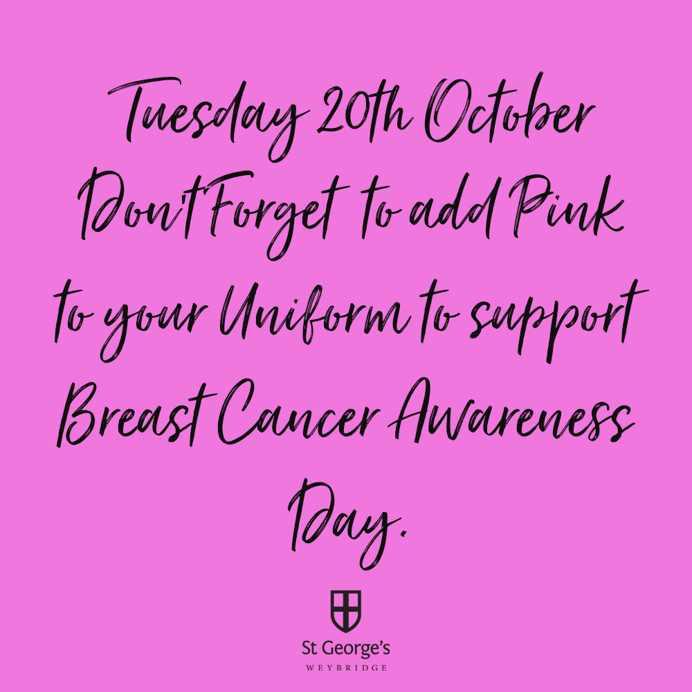 October is Breast Cancer Awareness Month, and tomorrow, we will invite students to add a sprinkle of pink to their usual uniform in support of @breastcancernow and #WearItPink Day.

We look forward to seeing pink socks, ties, hairbands or scarves around the school🌸🌸🌸