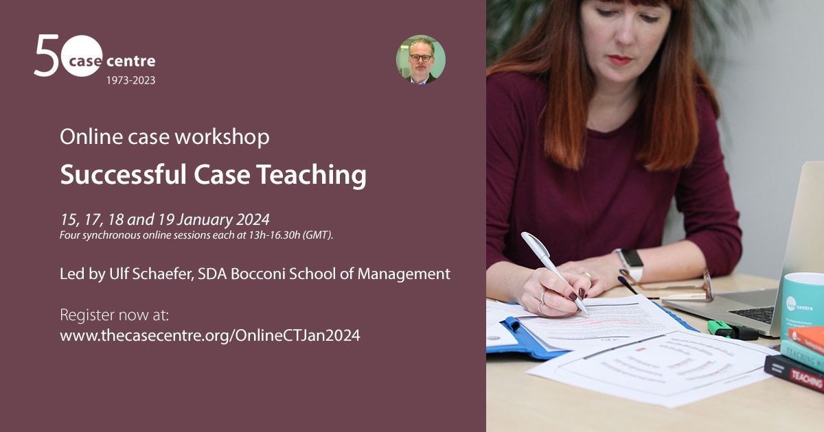 🧑‍🏫 CASE TEACHING WORKSHOP 🧑‍🏫 Are you interested in teaching with cases? We're holding an online #caseworkshop on successful #caseteaching in January. 🗓 15, 17, 18 and 19 January 2024 (13h-16.30h GMT) 👨‍💻 @ulfschaefer1 Book now 👉 thecasecentre.org/OnlineCTJan2024