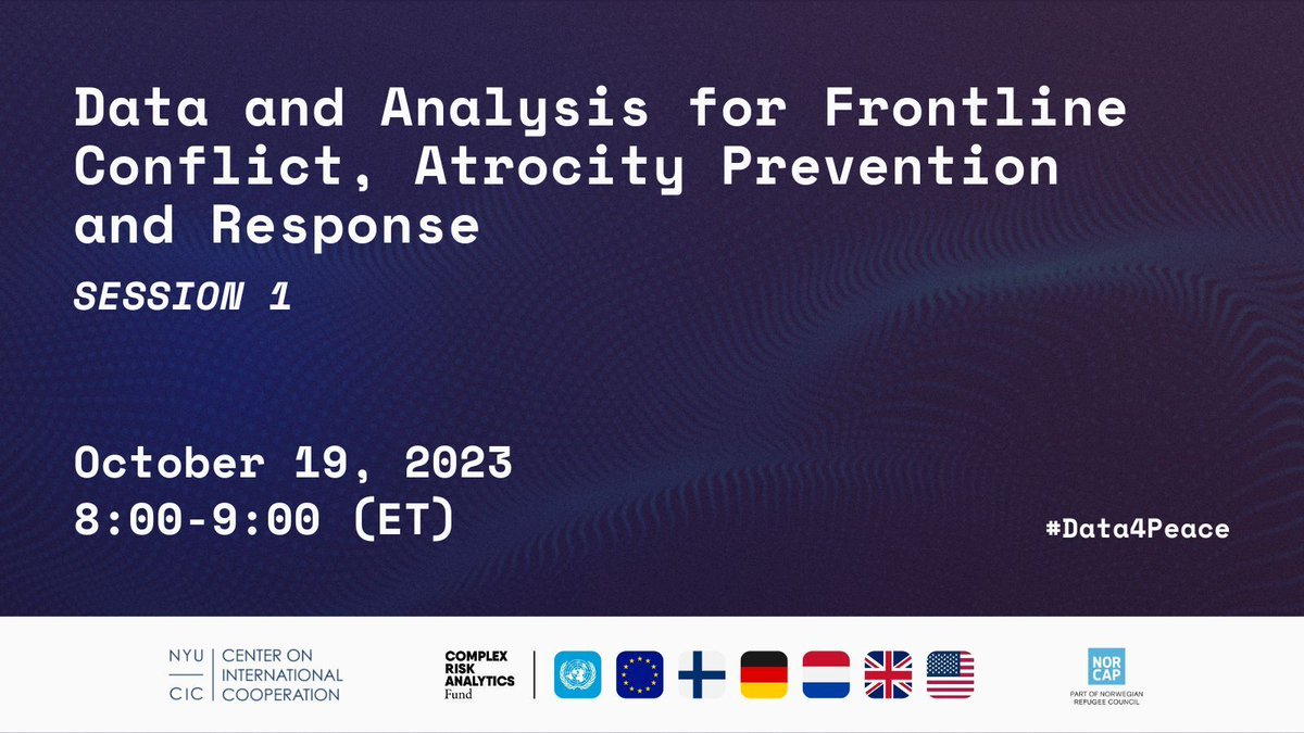 NYU Center on International Cooperation (CIC) (@nyucic) on Twitter photo 🔴 NOW LIVE: Day 4️⃣ of the #Data4Peace Conference kicks off with <a href="/HHI/">Harvard Humanitarian Initiative</a>'s panel discussion on data + analysis for frontline conflict / atrocity prevention and response.
Program: cic.nyu.edu/data-for-peace…
Register: cic.nyu.edu/events/data-fo…
#DataCollection #DataMethods #EarlyWarning 🔴 NOW LIVE: Day 4️⃣ of the #Data4Peace Conference kicks off with <a href="/HHI/">Harvard Humanitarian Initiative</a>'s panel discussion on data + analysis for frontline conflict / atrocity prevention and response.
Program: cic.nyu.edu/data-for-peace…
Register: cic.nyu.edu/events/data-fo…
#DataCollection #DataMethods #EarlyWarning