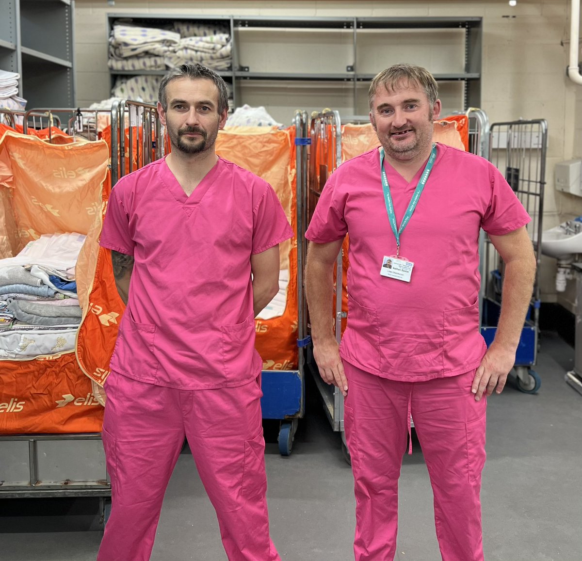 #BreastCancerAwarenessMonth well done to our two onsite linen distributors Nathan & leszek for wearing pink today👚#elislaundry @UHMBT