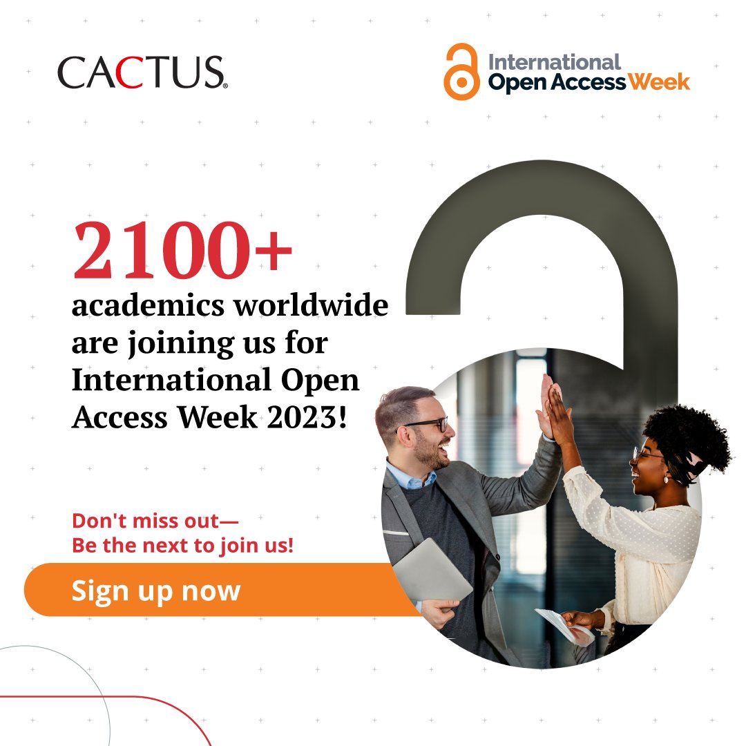 Cactusglobal's tweet image. More than 2100 academics worldwide have already signed up to join us for #OpenAccessWeek2023!✨

It&apos;s set to be an exciting week with insightful conversations on open access &amp;amp; the power of community.

Sign up now: bit.ly/3LNqylZ

#OAWeek #OpenScience #OpenAccess