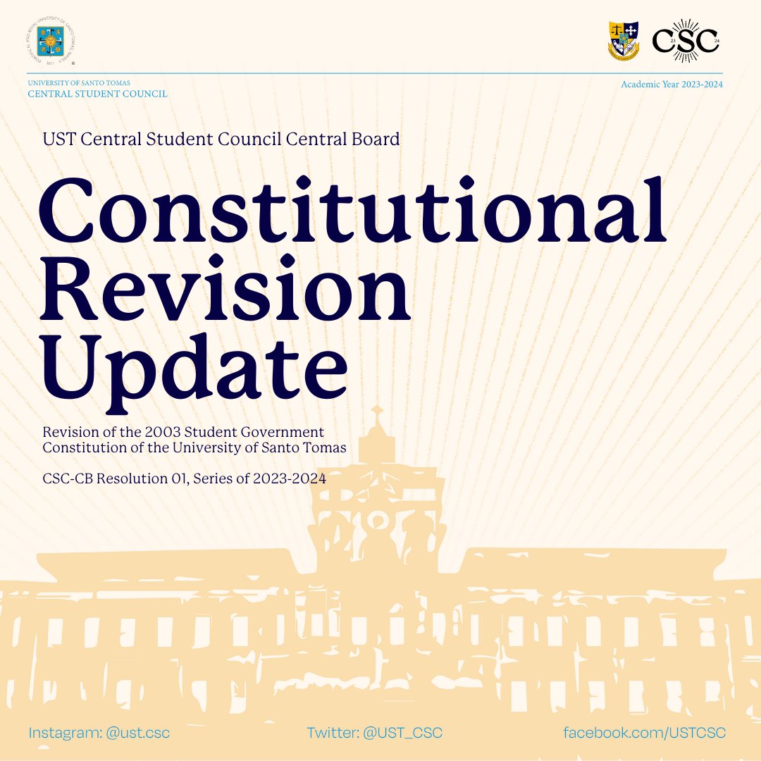 ust_csc's tweet image. CONSTITUTIONAL REVISION UPDATE #1

Please read the CSC-CB Resolution 01, Series of 2023-2024. 

The following are links to the attached documents included in the publication material:

bit.ly/CSC-CB_RE01-23…
bit.ly/Constitutional…