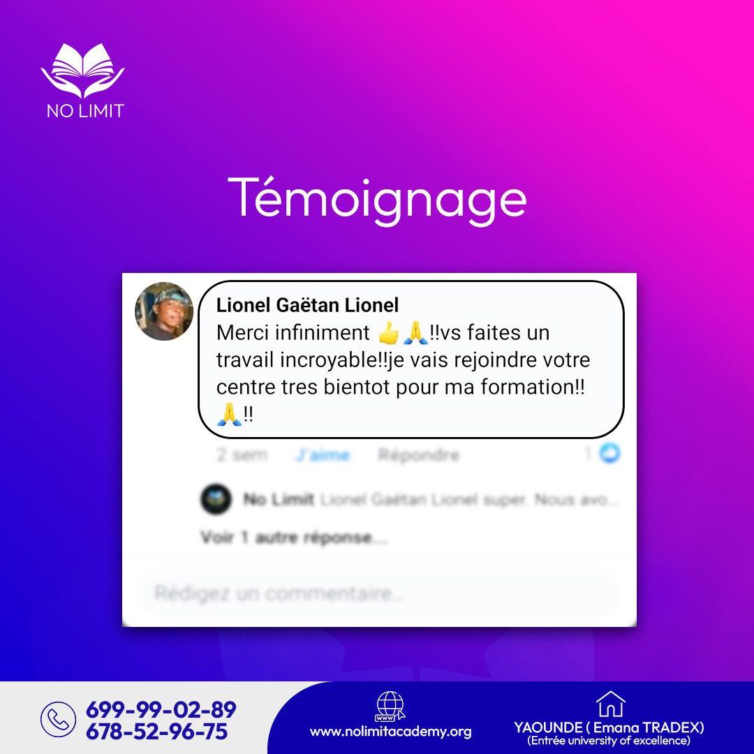CabinetNoLimit's tweet photo. Nous vous attendons tous au Centre de Formation Professionnelle No Limit. En 12 mois, obtenez votre diplôme dans le domaine de votre choix et trouvez un emploi ici ou au Canada 🇨🇦

Merci Lionel Gaëtan Lionel pour ce commentaire positif 😊

☎️ Nos contacts:  699990289/678529675 https://t.co/PUjNBvHEnF