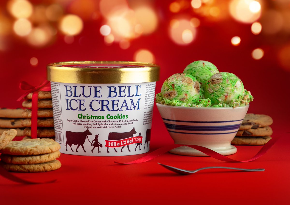 ILoveBlueBell's tweet photo. Today is the day Christmas Cookies Ice Cream returns to stores! The flavor combines your favorite holiday cookies – chocolate chip, snickerdoodle and sugar –in a tasty sugar cookie ice cream with red sprinkles and a green icing swirl. Now available in the half gallon size. https://t.co/owZRRVAQx0