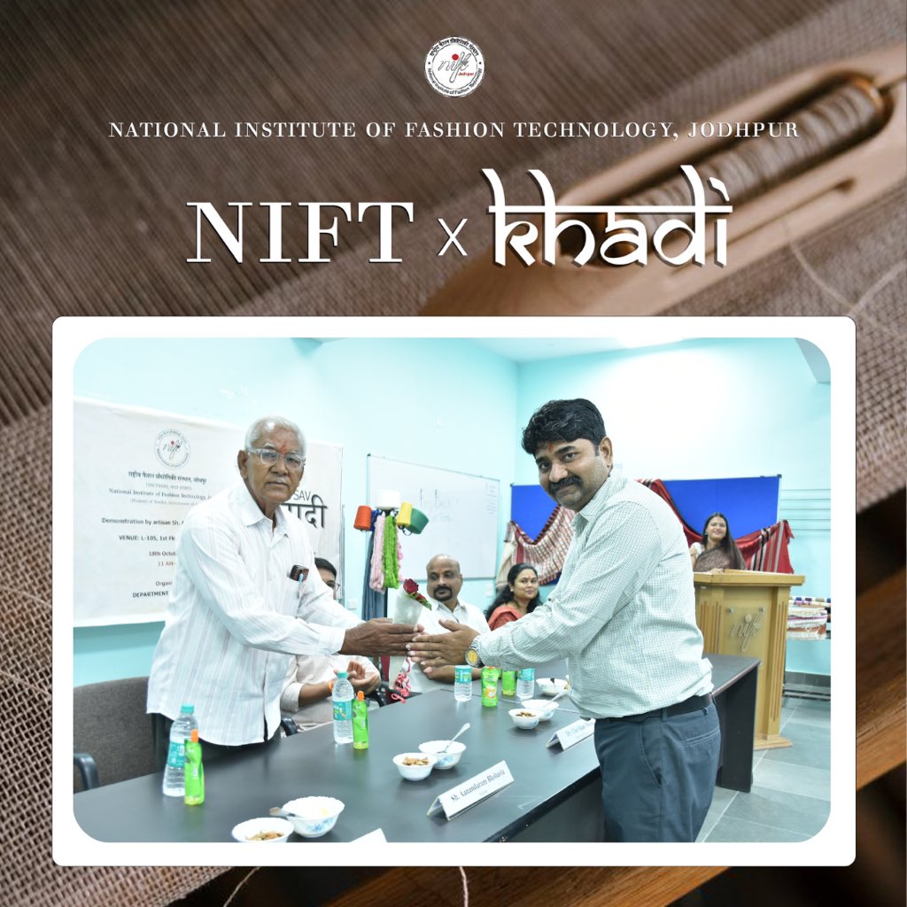jodhpur_nift's tweet photo. During the Khadi Mahotsav, the Department of Textile Design at NIFT Jodhpur hosted a workshop where artisans  Sh. Aananadram Bhoboria and Sh. Keval Ram graced the occasion, showcasing the intricate art of "Yarn spinning and weaving Khadi fabric". https://t.co/8aNuQOOnDM