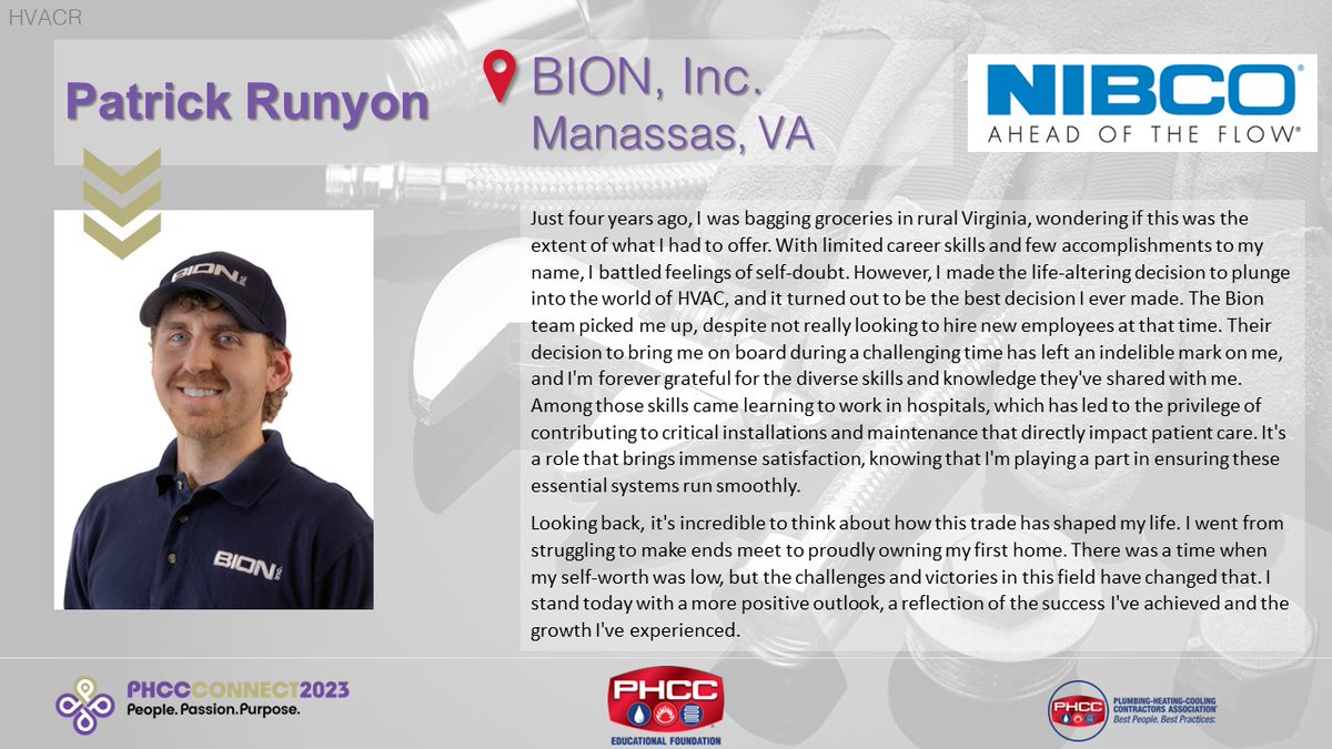 PHCCFoundation's tweet photo. 📣Presenting... Patrick Runyon - BION Inc., Manassas, VA🎉
Sponsored by: @nibcoinc
#phccfoundation #phccacademy #apprenticecontest #plumbing #hvacr #careerdevelopment #CONNECT2023 #cleveland #ohio #phccareers #cleanair #cleanwater https://t.co/qIUHW2jCgO
