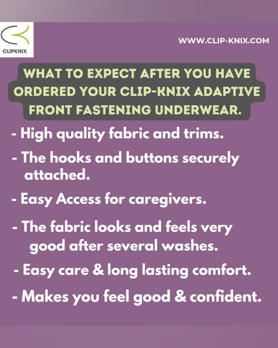 Order now via the link in our bio, Instagram shop or visit clip-knix.com 

#ComfortForAll #Disabled #Disability #Elderly #LimitedMobility #ElderlyWoman #Caregiver #PostOperative #PostOperativeCare #PostOperativeSurgery #Adaptive #FrontFastening #WheelChairUser