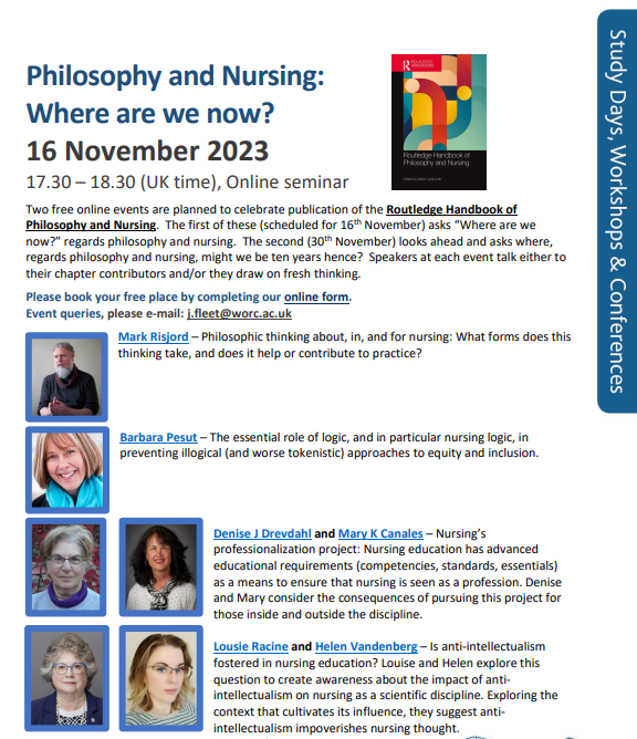 Martin Lipscomb (martin.lipscomb.ml@gmail.com) (@martinlipscomb) on Twitter photo On 16th November at 17:30 (UK time) - to celebrate publication of The Routledge Handbook of Philosophy and Nursing - we ask “Where are we now?” regards philosophy and nursing.
Online booking form: forms.office.com/pages/response…
Event queries, please e-mail: j.fleet@worc.ac.uk On 16th November at 17:30 (UK time) - to celebrate publication of The Routledge Handbook of Philosophy and Nursing - we ask “Where are we now?” regards philosophy and nursing.
Online booking form: forms.office.com/pages/response…
Event queries, please e-mail: j.fleet@worc.ac.uk