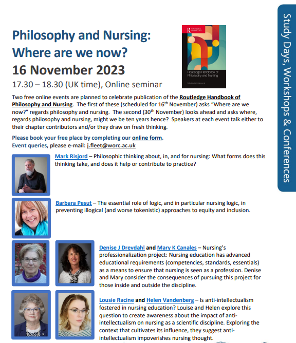 On 16th November at 17:30 (UK time) - to celebrate publication of The Routledge Handbook of Philosophy and Nursing - we ask “Where are we now?” regards philosophy and nursing. Online booking form: forms.office.com/pages/response… Event queries, please e-mail: j.fleet@worc.ac.uk