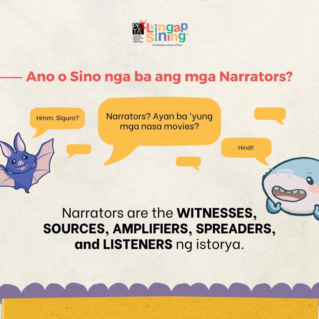 lingapsining's tweet photo. Noong unang panahon, sa kaharian ng mga kwento… char lang.

Narrators ba kamo? They may be the voices you hear in movies, television, radio… but of course, present din sila sa ating everyday lives!

#PETATheater
#PETALingapSining
#PETAChangingNarratives
#ChangingNarratives https://t.co/1QJZSEuaWp