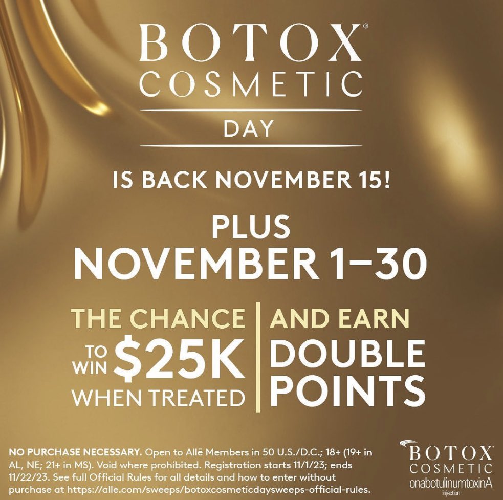 CSSMedSpa's tweet photo. Chesapeake Skin Solutions is a proud #Allergan partner and we are excited to announce #BotoxCosmeticDay is back 11/15/23! Buy one #Botox $50 gift card and get one FREE while supplies last on https://t.co/5A92N9fWQ6.  Book your appointment in November and also earn double points! https://t.co/vgDe1quGs5