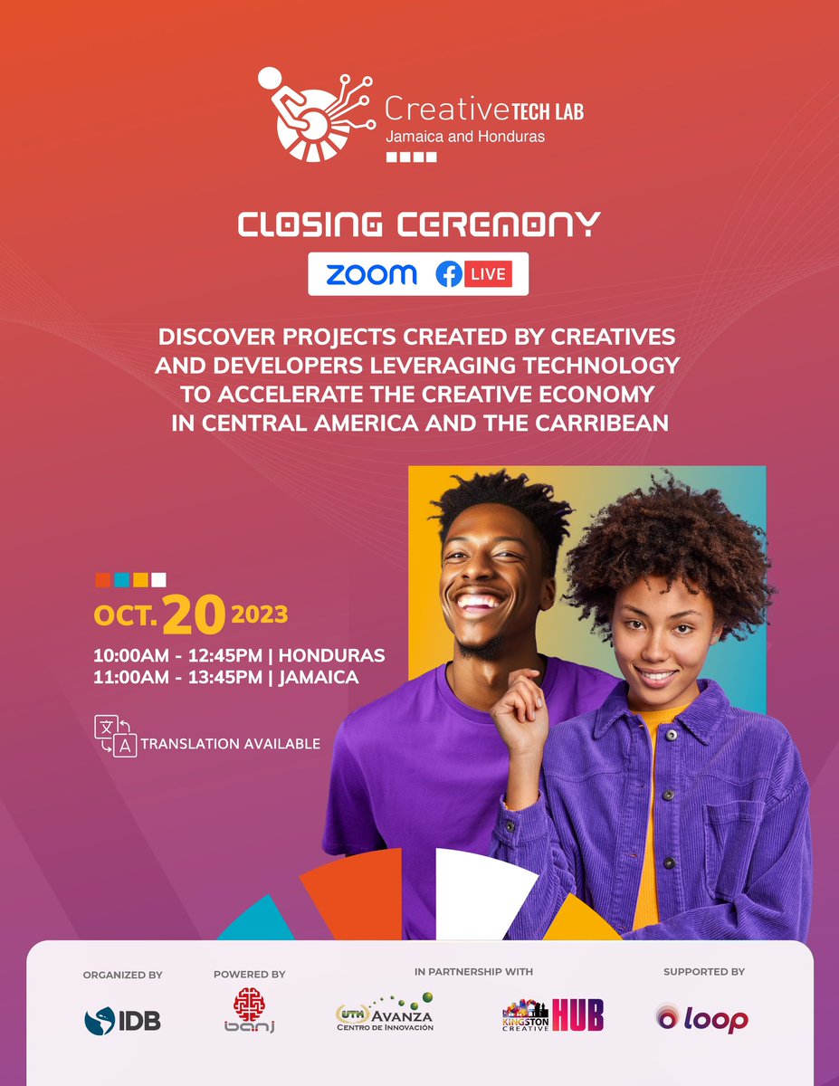 Get ready to be amazed!
Join us tomorrow, Friday, October 20 at 10:00am (CST) for the  <a href="/CreativeTLab/">Creative Tech Lab</a> Jamaica and Honduras Closing Ceremony, showcasing projects shaping the future of creative industries in Central America and the Caribbean.
Pitches, speakers from the <a href="/el_BID/">Banco Interamericano de Desarrollo</a>,