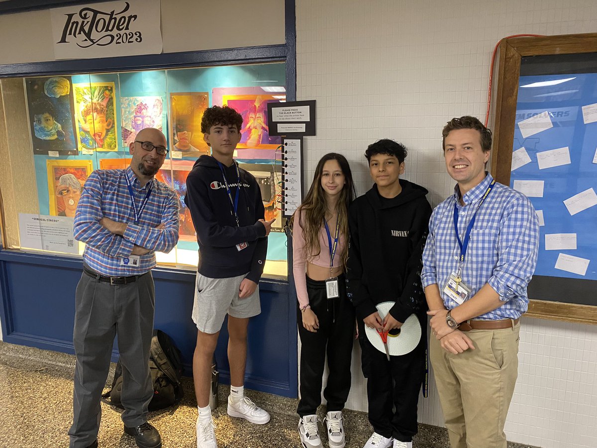 MrFlansArtClass's tweet image. Another awesome tech collab’ with @JZEdTech and my computer graphics class for this  #Inktober display, complete with audio commentary from the artists!