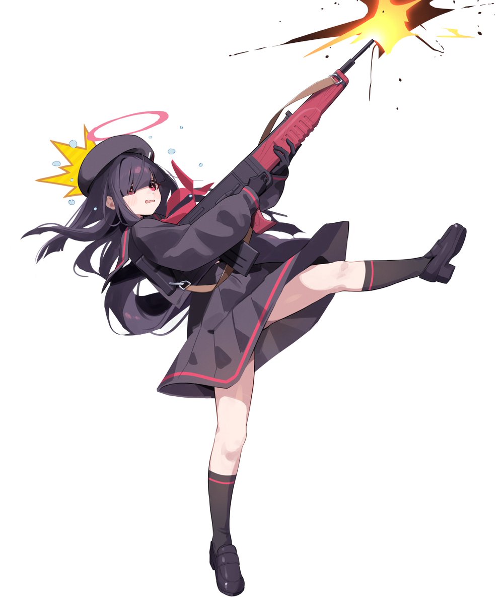 1girl weapon solo gun school uniform skirt halo  illustration images