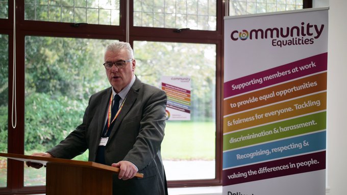 A photograph of Community General Secretary, Roy Rickhuss CBE speaking at the 2023 Community Equalities Conference.